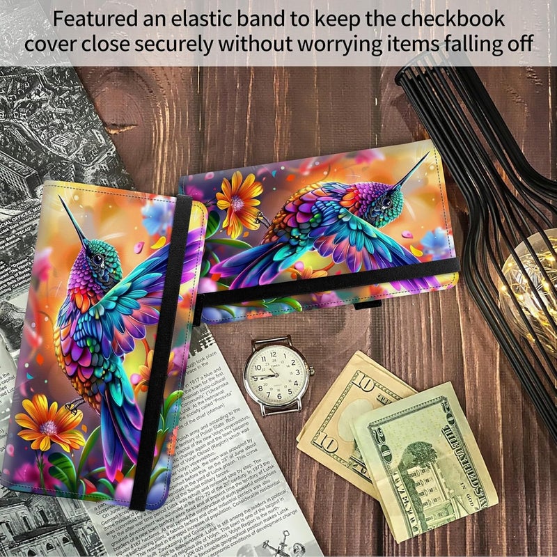 FUYOCWE Leather Checkbook Covers for Men Women Check book Holder Cover Wallets for Personal Checkbook Duplicate Checks with RFID Blocking & Elastic Strap-Colorful Hummingbird with Flower - Image 4